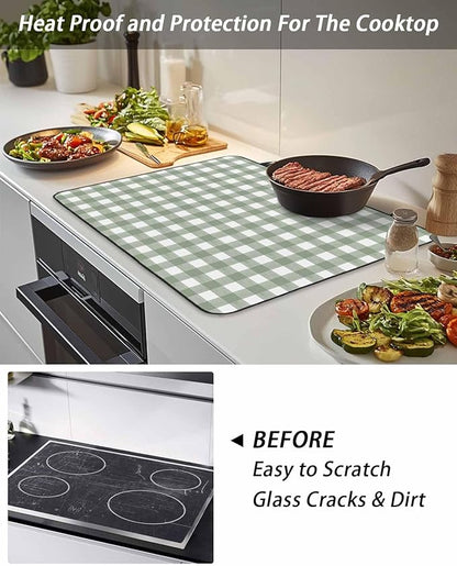 Stove Top Covers for Electric Stove 28.5x20.5 Inches,Sage Green Buffalo Plaid HeatResistant Glass Cooktop Protector,Country Green White Checker Modern Ceramic Stovetop Countertop Covers Mat,Oven Cover