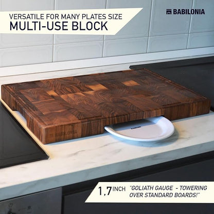 American Black Walnut Cutting Board - 15.7 x 10.2 Inch (ExtraThick 1.7") Hardwood Butcher Block, Charcuterie, Heavy Duty End Grain Wood Chopping Board with Juice Groove & Handle (Oil & Plate Included)