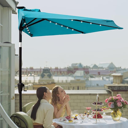 C-Hopetree 9 ft Half Round Outdoor Patio Market Wall Umbrella with Solar LED Lights and Tilt