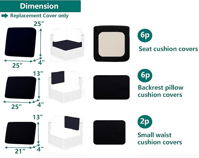 Outdoor Cushion Covers Replacement 14 Pcs, Black | Patio Cushion Covers fit for 7Pieces 6-Seater Wicker Rattan Sectional Couch Sofa Outdoor Cushion Slipcovers Set
