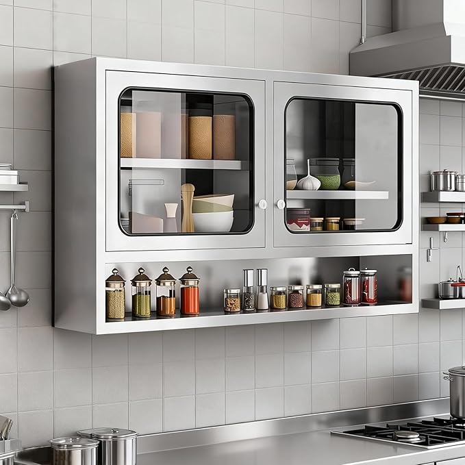 ZZV Kitchen Wall Cabinet, Stainless Steel Wall Mounted Cabinet with Adjustable Shelves, Industrial Wall Storage Cabinet for Garage, Warehouse, No Assembly Required, 11.82D x 39.37W x 27.56H in