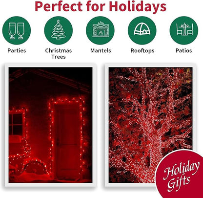 33ft Christmas Decorative Mini Lights, 100 LED Green Wire Fairy Starry String Lights Plug in, 16 Lighting Modes, for Indoor Outdoor Xmas Tree Wedding Party Decoration (Red)