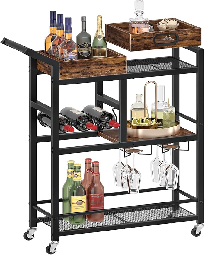 HOOBRO Bar Cart, Bar Cart for The Home, 3-Tier Home Bar Serving Cart with Removable Tray, Kitchen Cart with Wine Rack and Glass Holder, for Bar, Living Room, Party, Rustic Brown and Black BF62TC01