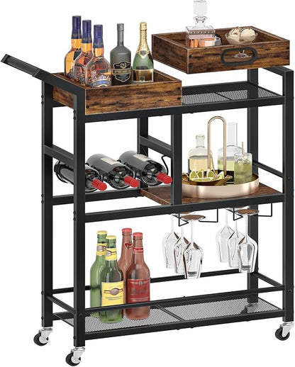 HOOBRO Bar Cart, Bar Cart for The Home, 3-Tier Home Bar Serving Cart with Removable Tray, Kitchen Cart with Wine Rack and Glass Holder, for Bar, Living Room, Party, Rustic Brown and Black BF62TC01
