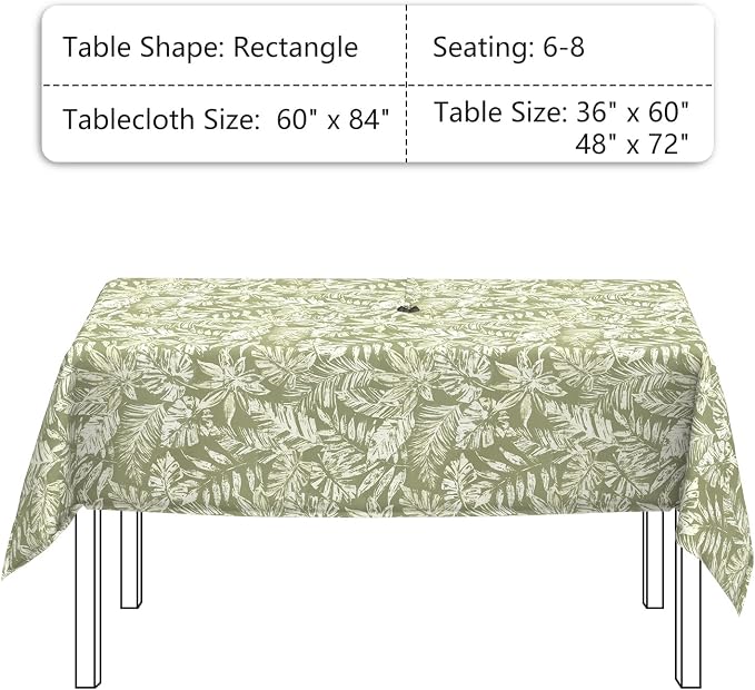 LVTXIII Rectangle Outdoor Tablecloth with Umbrella Hole and Zipper, Water-Repellent 60 x 84 Inch Patio Table Cover for Picnic, Garden, Backyard Dining, Tropical Leaf Green
