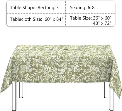 LVTXIII Rectangle Outdoor Tablecloth with Umbrella Hole and Zipper, Water-Repellent 60 x 84 Inch Patio Table Cover for Picnic, Garden, Backyard Dining, Tropical Leaf Green