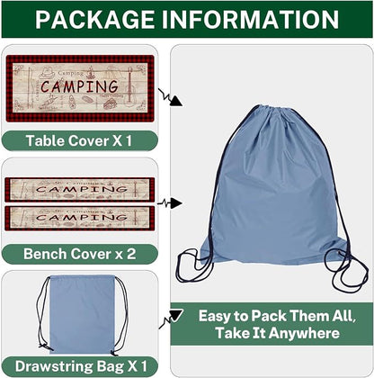 Picnic Table Cover with Bench Covers Elastic Edges, Red Plaid Fitted Table Cover, Outdoor Patio Camping Essentials 72 Inch 3PCS, Waterproof Camping Fitted Tablecloth with Drawstring Bag