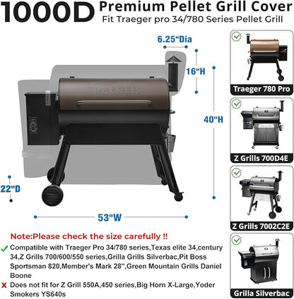 Pellet Grill Cover for Traeger Pro 34/780 Series,1000D Heavy Duty Rip-Proof Material Smoker Cover,Waterproof UV and Fade Resistant Grill Cover with Straps & Zippers for Traeger Texas 34,Z Grills 700