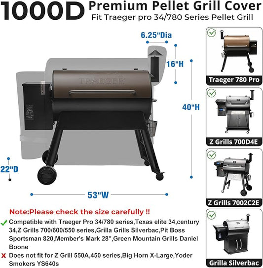 Pellet Grill Cover for Traeger Pro 34/780 Series,1000D Heavy Duty Rip-Proof Material Smoker Cover,Waterproof UV and Fade Resistant Grill Cover with Straps & Zippers for Traeger Texas 34,Z Grills 700