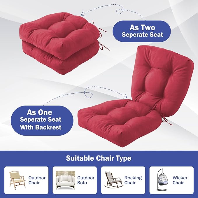 IPYNBAP Outdoor Chair Cushions Set of 2, Patio Chair Cushions with Ties, 17x17+4” Tufted Outdoor Seat Cushions, Waterproof Patio Furniture Cushions, Outdoor Dining Chair Pads, Burgundy (Pack of 2)