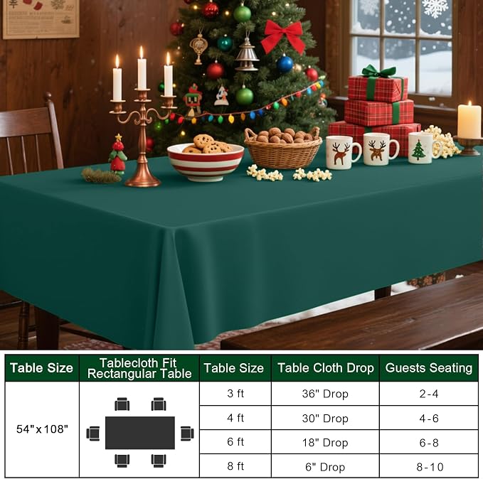 Smiry Disposable Table Cloth - 6 Pack, 54 x 108 Inch Waterproof Rectangle Tablecloths for Parties, Decorative Plastic Table Cover, Leakproof & Sturdy, Christmas Green