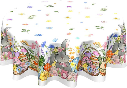 Sweetshow Easter Bunny Eggs Table Cloth Round Colorful Flower Leaves Tablecloth 70 Inch Decor Washable Stain and Wrinkle Spring Floral Round Table Cover for Dining Picnic