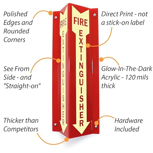 SmartSign "Fire Extinguisher" Two-Sided V-Shaped Projecting Sign with Down Arrow, 18 x 4 inch, 120 mil Thick Glow-In-The-Dark Polished Acrylic, Photoluminescent