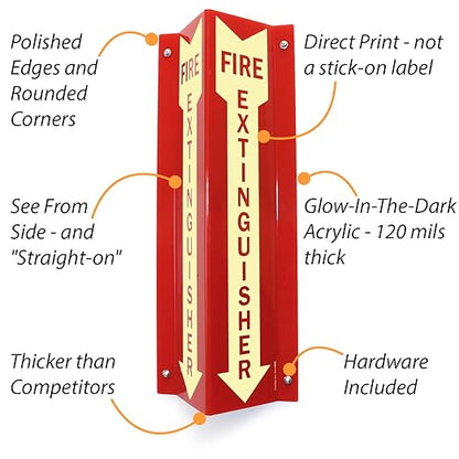 SmartSign "Fire Extinguisher" Two-Sided V-Shaped Projecting Sign with Down Arrow, 18 x 4 inch, 120 mil Thick Glow-In-The-Dark Polished Acrylic, Photoluminescent