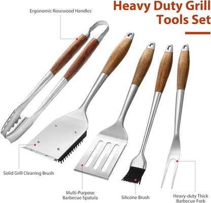 4 pcs Heavy-Duty Rose Wooden BBQ Grilling Tools Set, Extra Thick Stainless Steel Multi-Functional Spatula, Fork, Tong, Cleaning Brush - an Excellent Barbecue Gift for Men