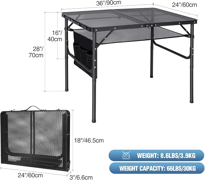 Folding Grill Table,Aluminum Portable Grill Stand Table for Outdoor Camping Picnic BBQ Lightweight, Adjustable Height, 36''x24''x16/28'', Black