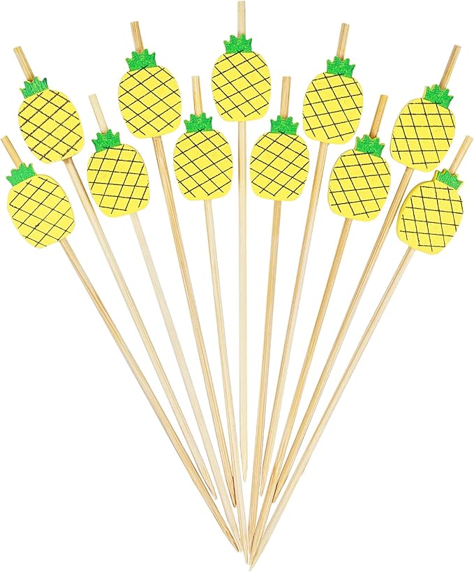 Minisland Yellow Pineapple Cocktail Picks, 4.7 Inch Long Bamboo Fancy Toothpicks for Appetizers, Decorative Summer Tropical Hawaiian Party Food Drinks Garnish Fruit Skewer Sticks 100 Counts - MSL171