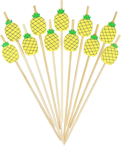 Minisland Yellow Pineapple Cocktail Picks, 4.7 Inch Long Bamboo Fancy Toothpicks for Appetizers, Decorative Summer Tropical Hawaiian Party Food Drinks Garnish Fruit Skewer Sticks 100 Counts - MSL171