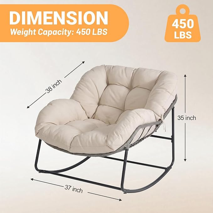 Bifanuo Oversized Egg Rocking Chair for Indoor/Outdoor – All-Weather Wicker Rattan Lounge Chair with Cushion, Patio Rocker for Porch, Garden, or Balcony (Classic Beige)