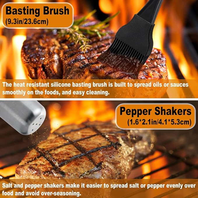 POLIGO 26Pcs Exclusive BBQ Grill Accessories in Aluminum Case for Birthday Fathers Day Grilling Gift - Grill Utensils Set with Barbecue Claws, Meat Injector, Thermometer for Smoker, Camping BBQ Black