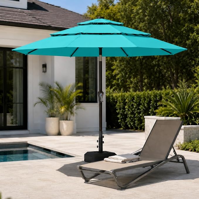 10ft Patio Umbrella, 3-Tier Vented Outdoor Table Umbrella with 8 Sturdy Fiberglass Ribs, Windproof Market Umbrella with Push Button Tilt and Crank, UV Protection for Deck, Pool, Turquoise Blue