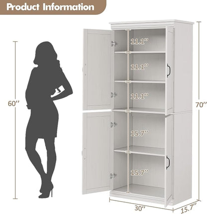 IDEALHOUSE Pantry Cabinet, White 4-Door with Adjustable Shelves, 70" H | Freestanding Cupboard with 5 Interior Compartments, Dining Room, Kitchen, Bathroom, Living Room