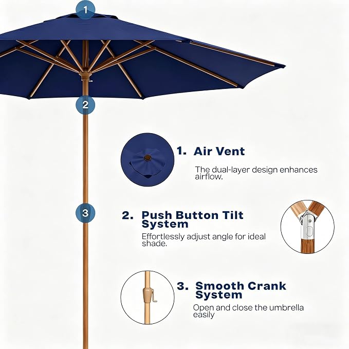9ft Outdoor Patio Umbrella, Market Table Umbrella with Crank and Easy Push Button Tilt, Wood Grain Frame, UPF 50+ for Pool, Garden, Deck, Backyard