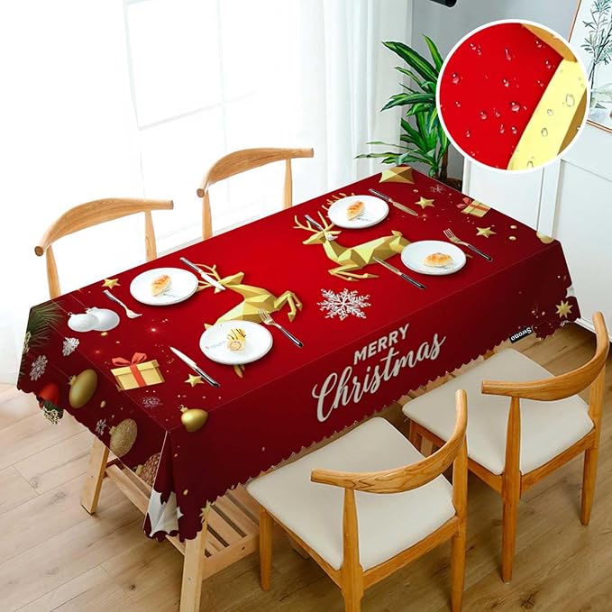 Swono Merry Christmas Table Cover Gold Christmas Deer Snowflakes 50x72 Inch Table Cloth for Rectangle Tables Buffet Parties Coffee BBQ and Dinning Tablecloth, Red