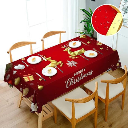 Swono Merry Christmas Table Cover Gold Christmas Deer Snowflakes 50x72 Inch Table Cloth for Rectangle Tables Buffet Parties Coffee BBQ and Dinning Tablecloth, Red