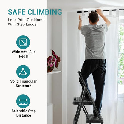 OLIXIS 2 Step Ladder, 880lbs Heavy Duty Step Stool with Anti-Slip Pedal | Portable Stepping Stool with Sturdy Ladder & Comfortable Handrail, for Kitchen, Garage & Outdoor Use, Black