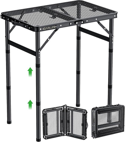 GARLLEN 2ft Folding Grill Table Max Capacity 66lbs, 3-Height Adjustable Folding Camping Table with Heat-Resistant Mesh Tabletop, Portable Aluminum Picnic Tables for BBQ, Outdoor, 22.8" L x 15.7" W