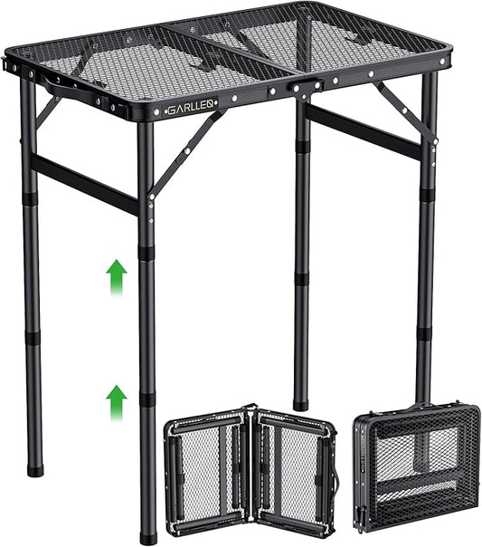 GARLLEN 2ft Folding Grill Table Max Capacity 66lbs, 3-Height Adjustable Folding Camping Table with Heat-Resistant Mesh Tabletop, Portable Aluminum Picnic Tables for BBQ, Outdoor, 22.8" L x 15.7" W