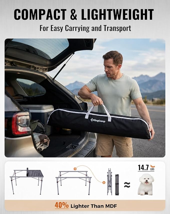 KingCamp Folding Camping Table Foldable Loads 265 Lbs, 42.1"× 27.6" Portable Table 3 Adjustable Height Aluminum Roll Up Camp Table with Carry Bag for Camping Picnic BBQ Backyard, Indoor & Outdoor