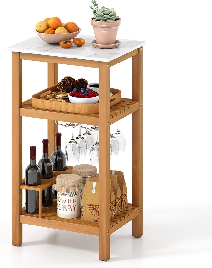 Giantex Acacia Wood Outdoor Side Table, Patio Buffet Cabinet Bar Table with Faux Marble Countertop, Glass & Wine Holders, Patio Storage Cabinet for Garden, Backyard, Kitchen