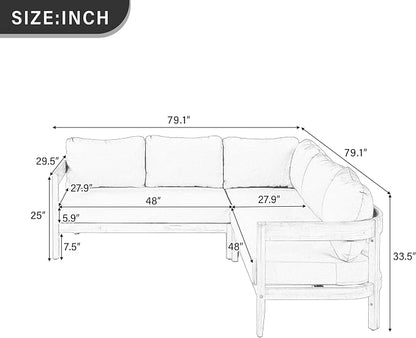 VilroCaz Outdoor Patio Furniture Set, L-Shaped Acacia Wood Sectional Sofa with 6 Soft Seat Cushions and Backpack, All-Weather Conversation Set with Arc Frame for Garden Backyard Porch (White-3.19)