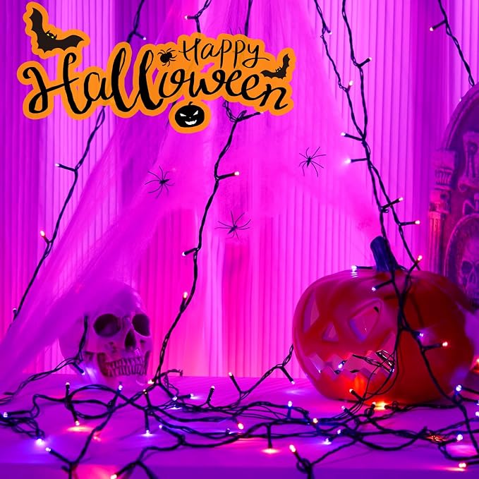 SyouHome 4-Pack Solar String Lights,156Ft Extra-Long 400 LED Waterproof Solar Halloween Lights, 8 Modes for Garden, Patio, Wedding (Purple & Orange)