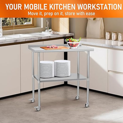 Stainless Steel Prep Table 24" X 36" with Adjustable Undershelf, Backsplash and Wheels, Commercial Metal Workstations for Kitchen, Garage, Outdoor BBQ