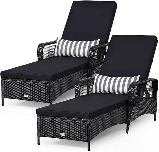 COSTWAY PE Rattan Chaise Lounge Chair, 6 Gear Adjustable Recliner with Armrest & Pillow, Wicker Outdoor Furniture for Deck, Patio (2, Black+White)