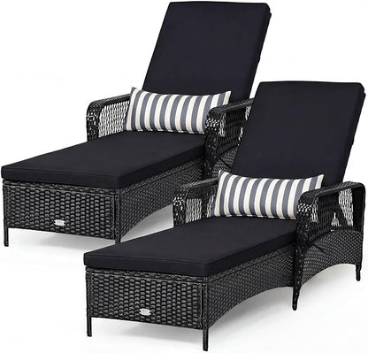 Tangkula Wicker Chaise Lounge Outdoor Set of 2, Patio Rattan Reclining Chaise with 6-Gear Adjustable Backrest, Thick Padded Cushion & Removable Lumbar Pillow, Pool Lounge Chairs (Black)