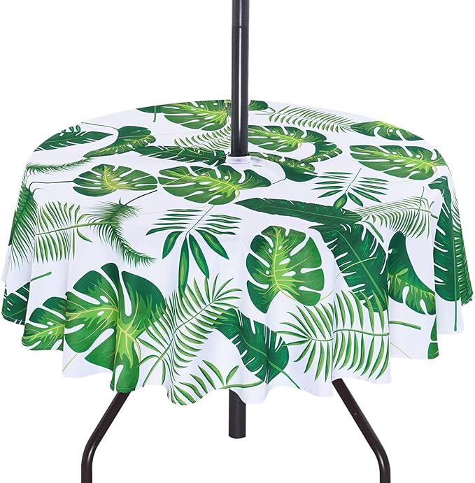 SquarePie 70 Inch Round Outdoor Tablecloth with Umbrella Hole and Zipper - Waterproof Spillproof Polyester Patio Table Cloth for Picnic Backyard, Palm Leaf