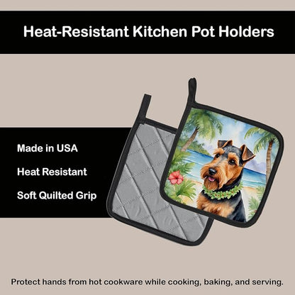 Caroline's Treasures Welsh Terrier Luau Pair of Pot Holders Kitchen Heat Resistant Pot Holders Sets Oven Hot Pads for Cooking Baking BBQ, 7 1/2 x 7 1/2