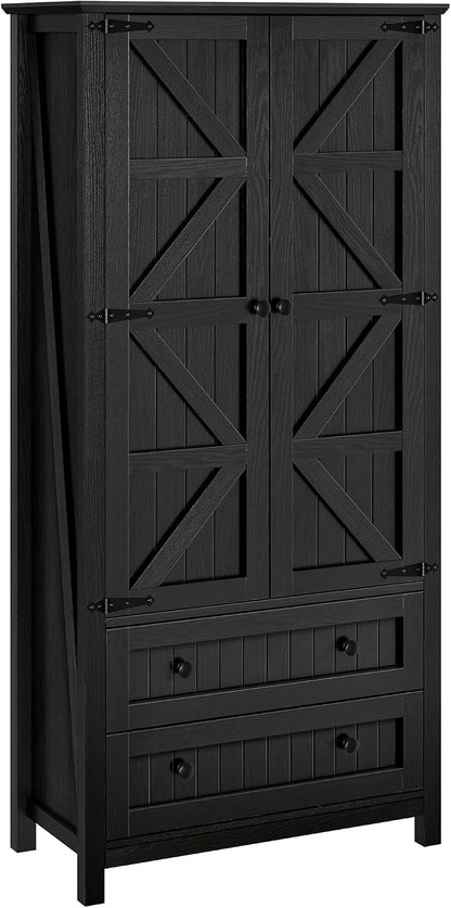 YITAHOME 64.5" Farmhouse Pantry Cabinet with 2 Drawers & Shelves, Oak Black | Tall Storage Cupboard for Living Room, Kitchen, and Hallway