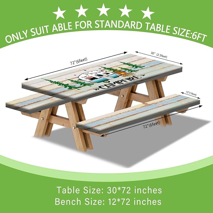JAWO Rustic Camper Picnic Table Cover with Bench Covers, Flowes Boho Floral Camping RV Essentials Gear Supplies Outdoor Waterproof Windproof Tablecloth with Elastic, 60in