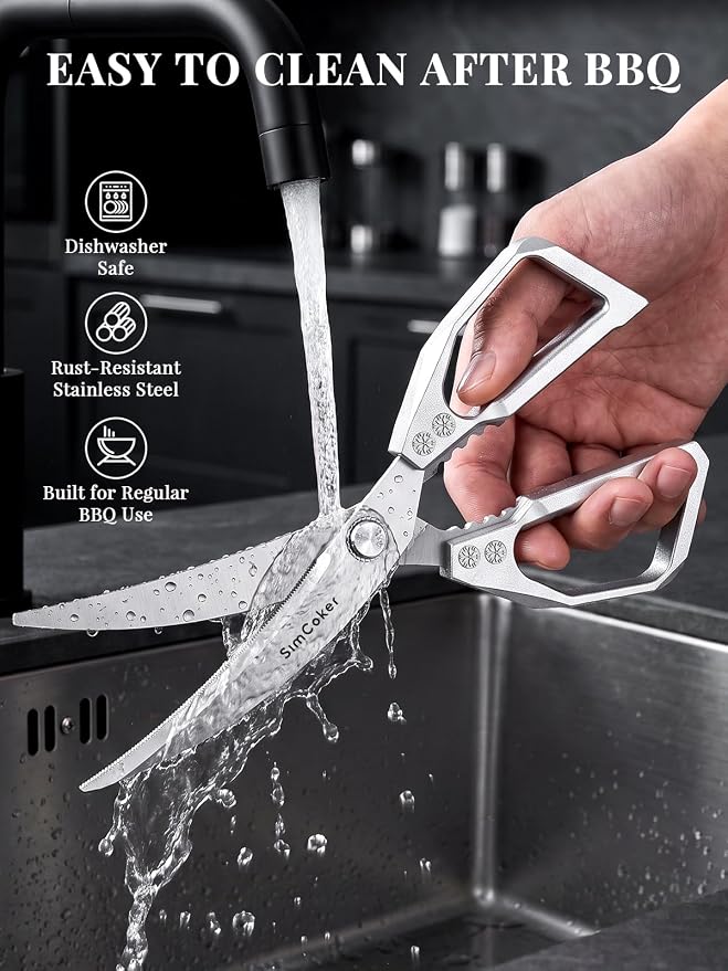Korean BBQ Scissors Set with Tongs for Table-Side Meat Cutting & Sharing | Curved stainless steel scissors with a serrated inner edge and matching tongs for cooked meat; dishwasher safe