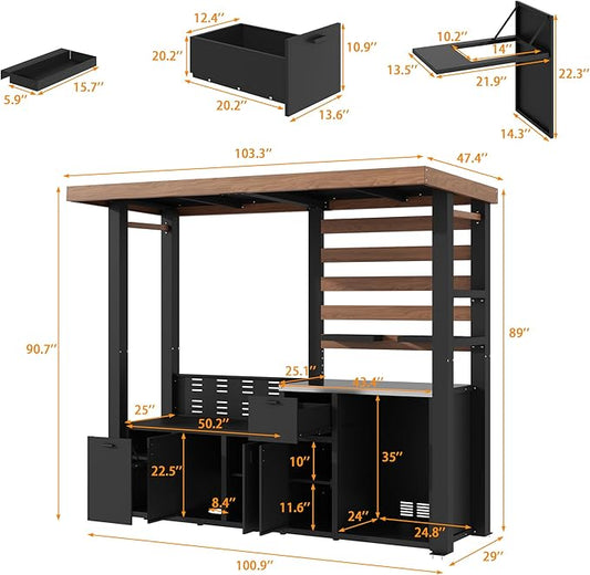 8.6'W Full Steel Outdoor Kitchen Cabinet, Patio Kitchen Island with Galvanized-Steel Roof and Stainless-Steel Countertop, BBQ Grill Station Bar Table with Storage