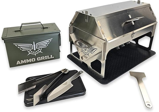 M2A1 Pro Lid Edition | 304 Stainless Steel Portable Charcoal Grill with 3 Grates, Silicone Mat, Cutting Board, Knife, Tongs/Spatula & Scraper