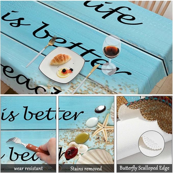Swono Beach Wood Tablecloth Straw Hat Seashell Starfish Rectangle Table Cloth, Life is Better at The Beach Quote 52x 70 Inch Tablecloth Plaid Table Cover for Kitchen Holiday Dinner