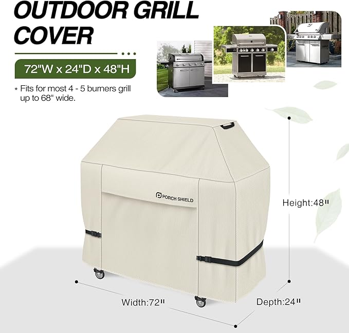 Porch Shield 72W x 24D x 48H inch Premium Gas Grill Cover Up to 68 inch, Waterproof and Fade Resistant 600D BBQ Covers for Weber, Brinkmann, Char-Broil and More, Light Tan
