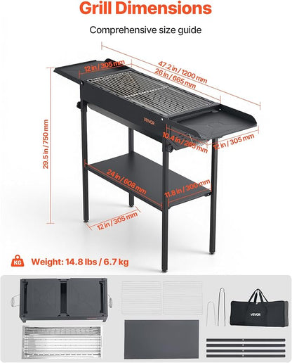 VEVOR Foldable Charcoal Grill, Portable Charcoal Barbecue Grill with Adjustable Height & Folding Side Tables, High-Temp Powder-Coated Steel Outdoor BBQ Grills for Camping Backyard Parties