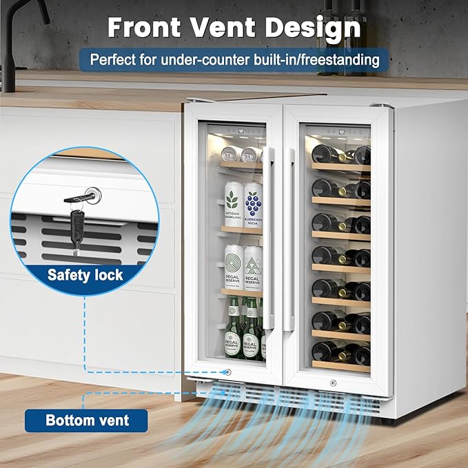 24 Inch Dual Zone Wine and Beverage Refrigerator - Under Counter Built-in/Free Standing Beverage Cooler with Glass Door,Beverage Fridge with Large Capacity, Advanced Cooling System, White